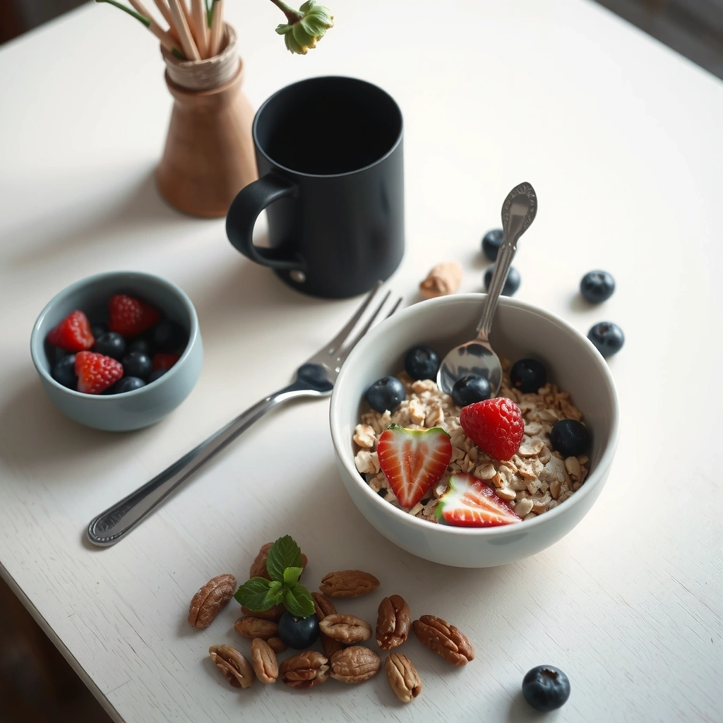 Frühstücksztisch mit gesunden Lebensmitteln