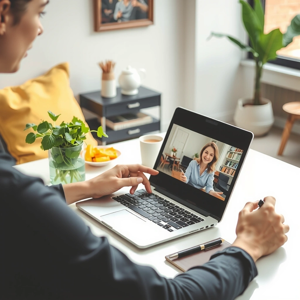 Laptop mit Videokonferenz in entspannter Umgebung